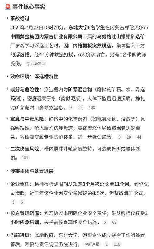 6名 大学生 在 内蒙古 企业 参观 学习 中 意外 #坠落 溺亡 #事故 #补充7月23日10时20分许，东北大学6名学生在中国黄金集团内蒙古矿业有限公司乌努格吐山铜钼矿选矿厂参观学习浮选工艺过程中，因格栅板脱落坠入浮选槽